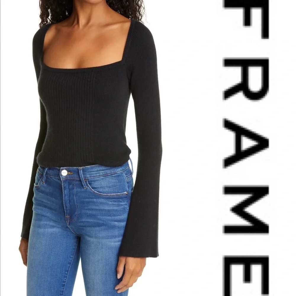 NWT  Frame Luxe Bell-Sleeve Sweater Black, size Medium - Picture 4 of 7